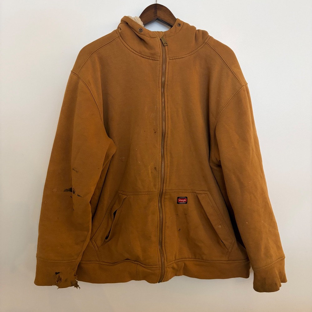 Wrangler Workwear Mens XL Sherpa Lined Full Zip Hoodie Brown Distressed Jacket